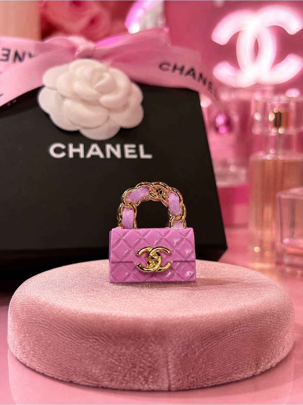 CHANEL stamped Pink Quilted Mini Top-Handle charm pendant zipper pull